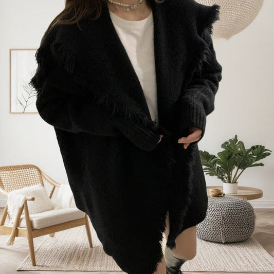 Women's Cardigan – Knitted Material – Oversized Fit – Fringed Edges – Open Front
