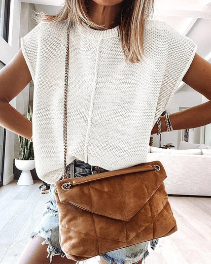 Women's Knitted Top – Relaxed Fit – Sleeveless – Ribbed Neck – Casual