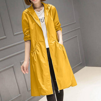 Women's Rain Jacket – Water-Repellent – Hood – Relaxed Fit – Knee-Length – Full Zipper