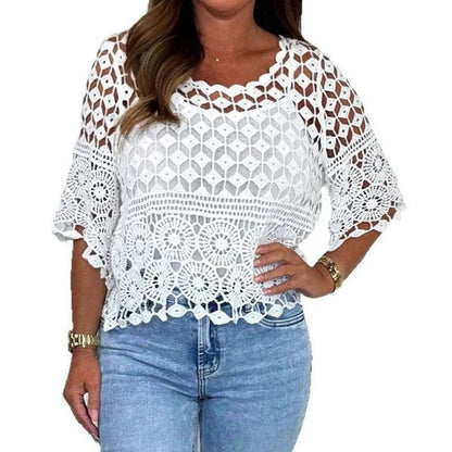 Women's Blouse – Crocheted Knit – Relaxed Fit – 3/4 Sleeves – Scalloped Edge – Crop