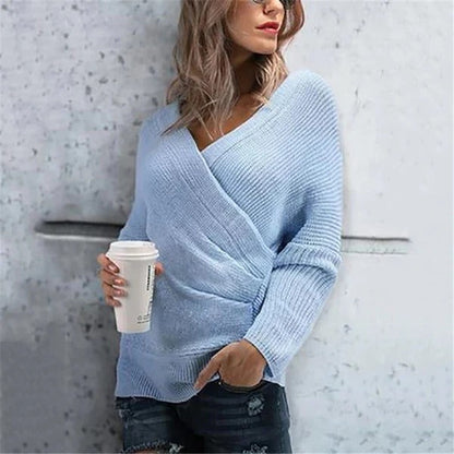 Women's Wrap Sweater – Textured Knit – V-neck – Relaxed Fit – Ribbed Details