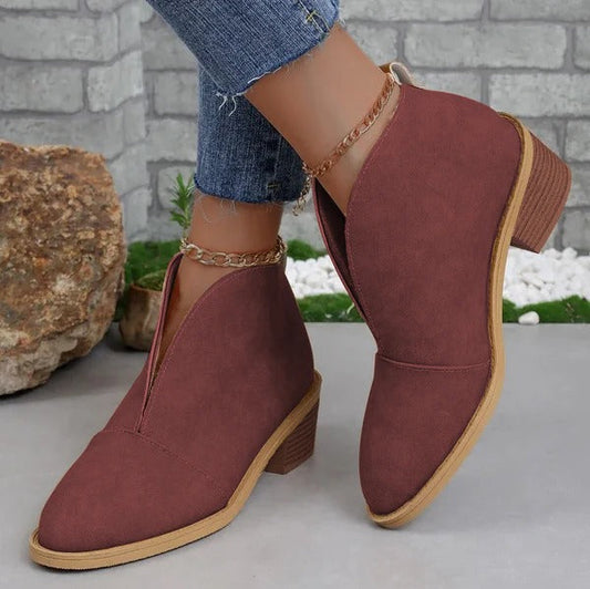 Women's Ankle Boots – Close Fit – Matte Finish – Block Heel – V-Neckline