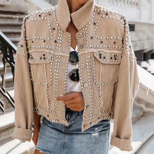Women's Jacket – Cropped Denim Look – Relaxed Fit – Stud Details – Layered Use