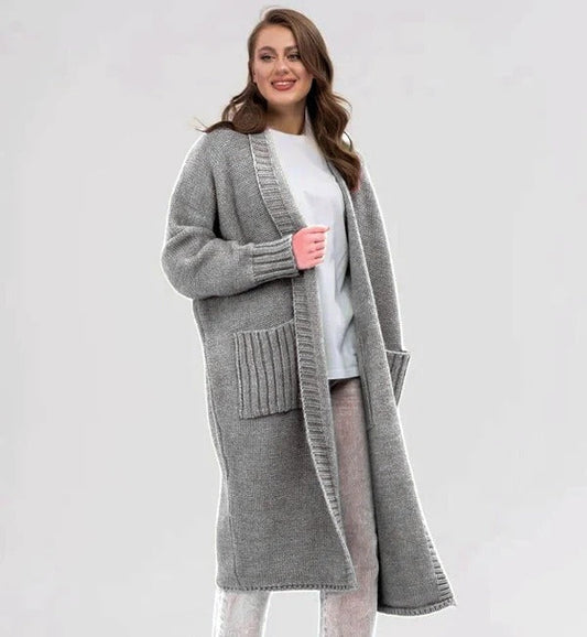 Women's Cardigan – Knitted Wool Feel – Oversized Fit – Long with Large Pockets