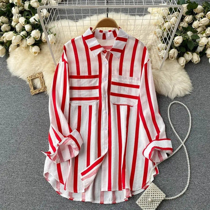 Women's Shirt Jacket – Loose Fit – Vertical Stripes – Button Closure – Cotton Blend