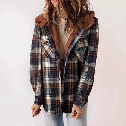 Women's Shirt – Plaid Fleece Lining – Relaxed Fit – Hood – Button Front