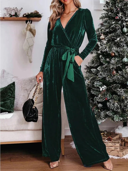 Women's jumpsuit – tailored fit – velour – V-neck – long sleeves – wide legs