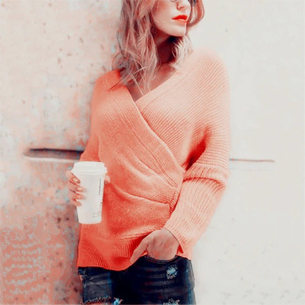 Women's Wrap Sweater – Textured Knit – V-neck – Relaxed Fit – Ribbed Details