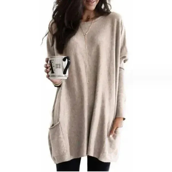 Women's Tunic Sweater – Oversized Fit – Soft Knit – Side Pocket – Dropped Shoulders