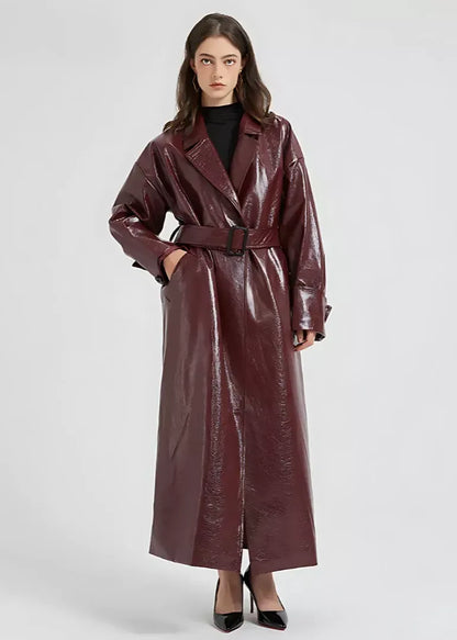 Women's Trench Coat – Plain Vegan Leather – Slim Fit – Ankle Length – Belt Included