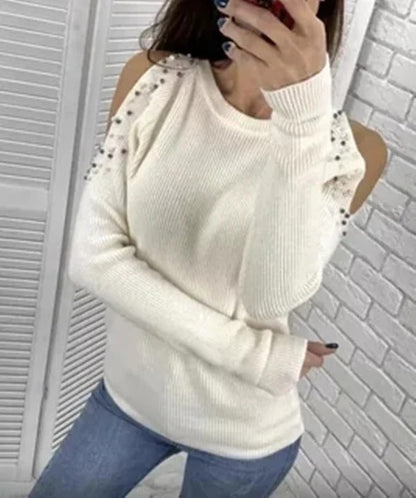 Women's Sweater – Wool Blend – Tailored Fit – Cold Shoulder with Pearl Details