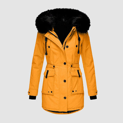 Women's Long Coat – Tailored Fit – Faux Fur Hood – Belt – Buttons and Pockets