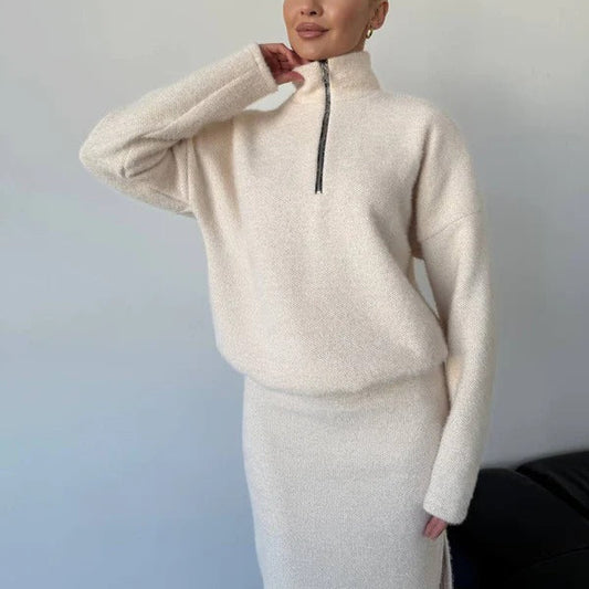 Women's Sweater – Wool Blend – Loose Fit – Half Zipper – Hip Length