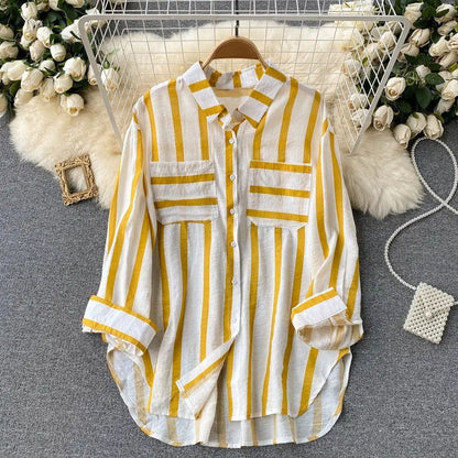 Women's Shirt Jacket – Loose Fit – Vertical Stripes – Button Closure – Cotton Blend