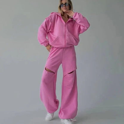Women's Loungewear Set – Relaxed Fit – Zip-Up Hoodie – Wide Cut Pants
