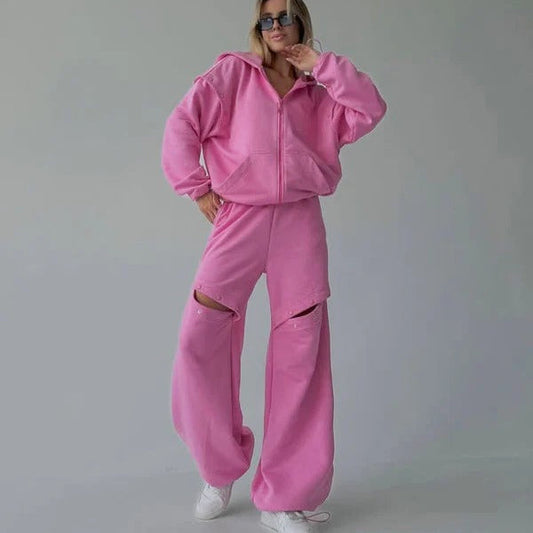 Women's Loungewear Set – Relaxed Fit – Zip-Up Hoodie – Wide Cut Pants