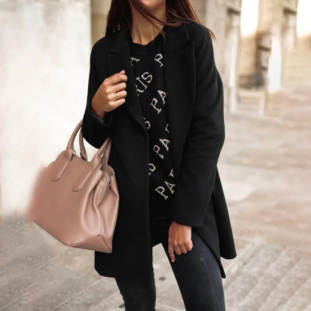 Women's Long Coat – Tailored Fit – Wool Blend – Notch Lapel – Single Breasted