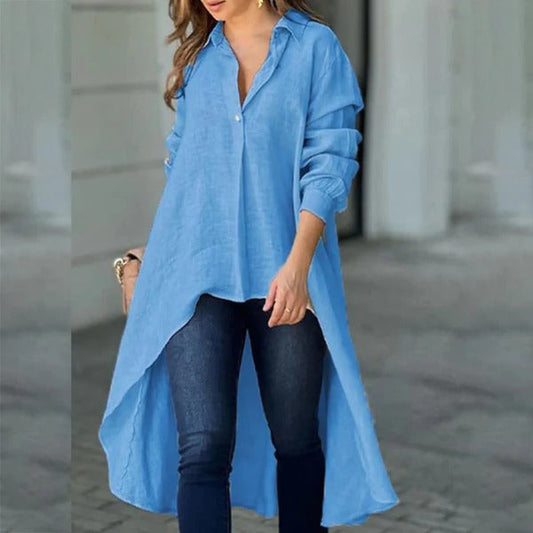 Women's Blouse – Relaxed Fit – Long Sleeve – High-Low Hem – Soft Cotton Blend