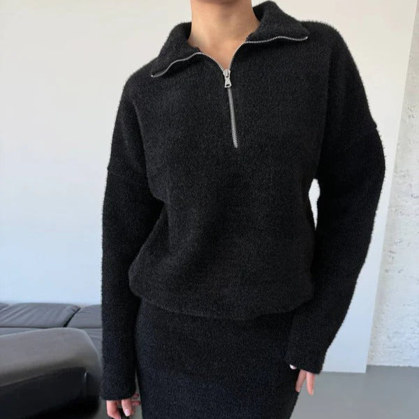 Women's Sweater – Wool Blend – Loose Fit – Half Zipper – Hip Length
