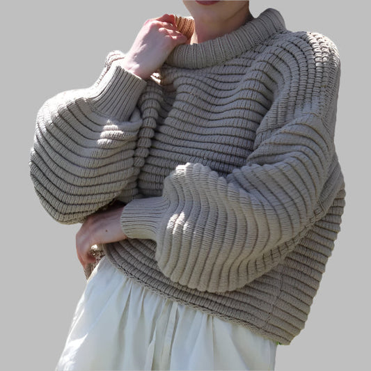 Women's Knitted Sweater – Oversized Fit – High Collar – Ribbed Knit – Wool Blend
