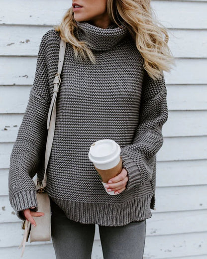Women's Sweater – Knitted – Oversized Fit – High Neck – Ribbed Texture – Long Sleeves