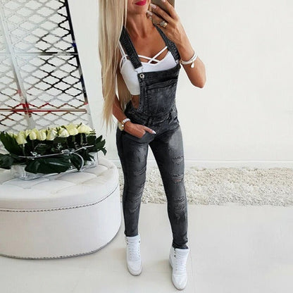 Women's Overalls – Slim Fit – Adjustable Straps – Distressed Denim Style