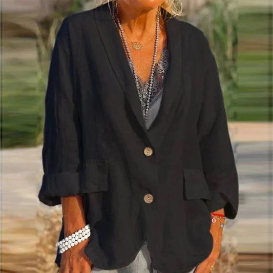 Women's Jacket – Relaxed Fit – Linen Texture – Notch Collar – Long Sleeves