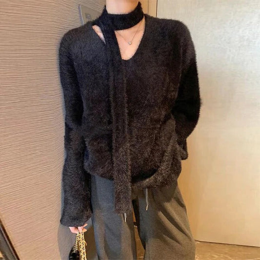 Women's Sweater – Oversized Fit – Wool Knit – Deep V-neck – Ribbon Detail