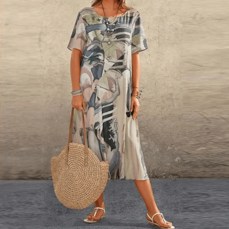 Women's midi dress – relaxed fit – cotton – short sleeves – abstract pattern