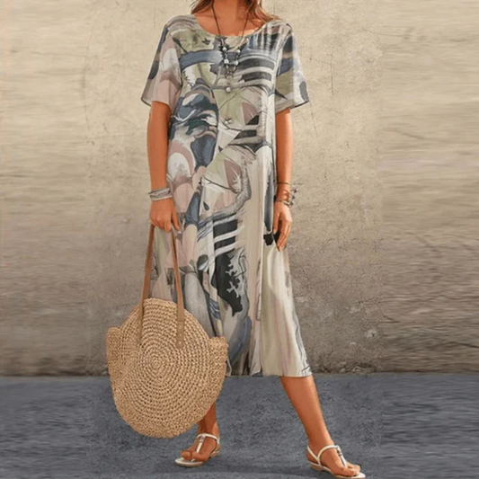 Women's midi dress – relaxed fit – cotton – short sleeves – abstract pattern