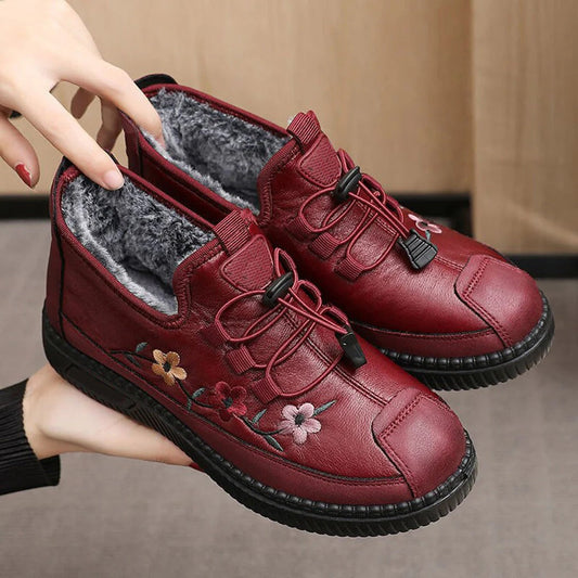 Women's Shoes – Ankle Height – Floral Embroidery – Lace-up with Lock – Soft Lining