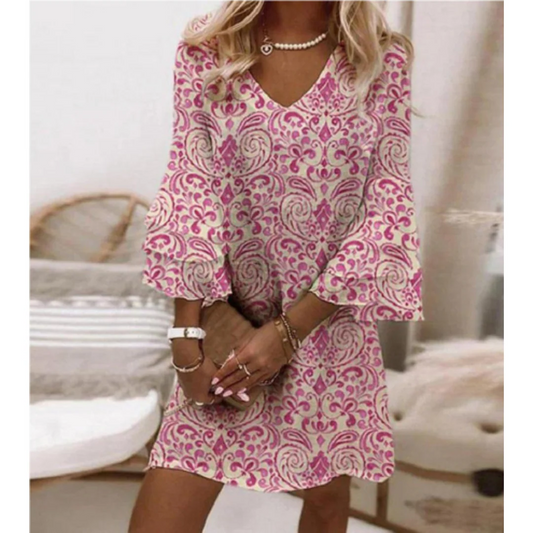 Women's Mini Dress – Relaxed Fit – V-neck – Three-quarter Sleeve – Breathable Fabric