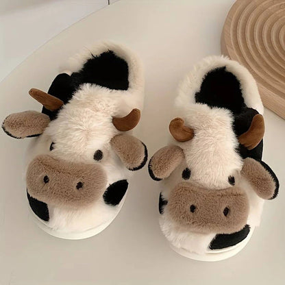 Women's Slippers – Full Coverage – Plush Faux Fur – 3D Cow Design – Indoor Comfort