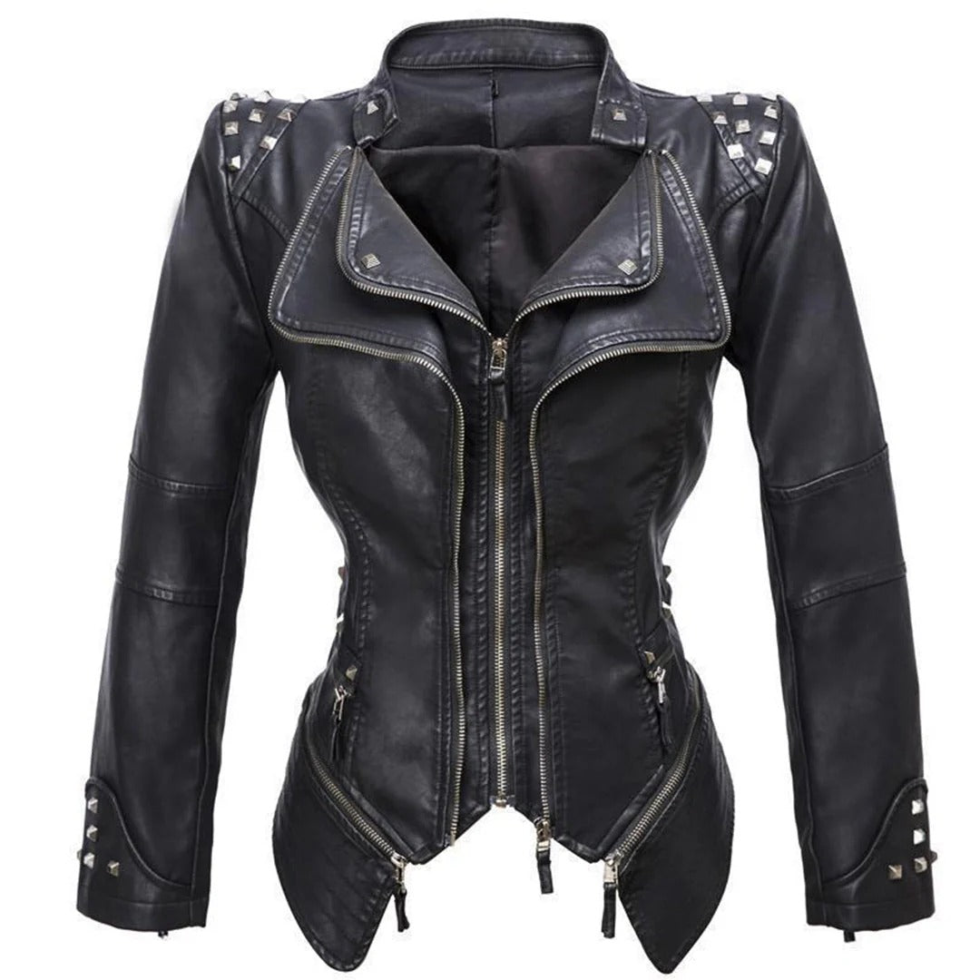 Women's Biker Jacket – Slim Fit – Studded Shoulders – Asymmetric Zipper