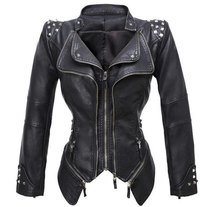 Women's Biker Jacket – Slim Fit – Studded Shoulders – Asymmetric Zipper