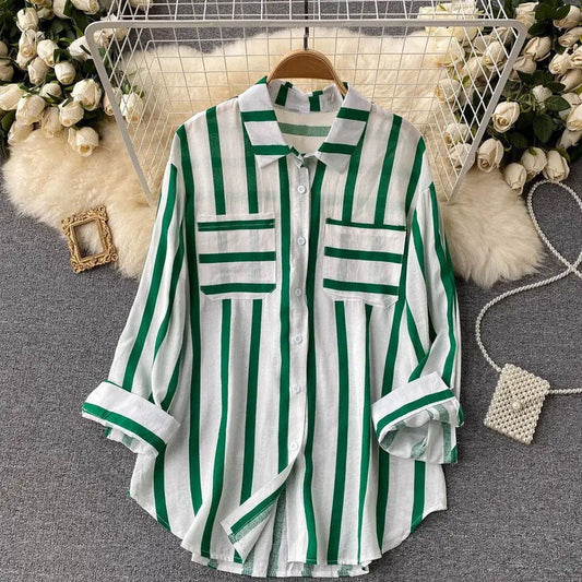 Women's Shirt Jacket – Loose Fit – Vertical Stripes – Button Closure – Cotton Blend