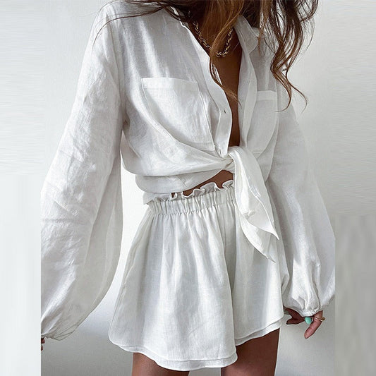 Women's Two-Piece Set – Airy Fit – Tie-Front Crop Shirt – Ruffle Shorts