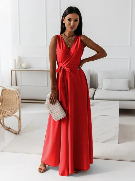 Women's Maxi Dress – V-Neckline – Tie Belt – Sleeveless – Luxurious Fabric