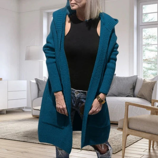 Women's Cardigan – Oversized Fit – Wool Feel Knit – Hood – Open Front – Pockets