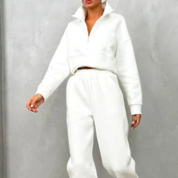 Women's Tracksuit – Relaxed Fit – High Neck Zipper – Elastic Waist – Cotton Blend