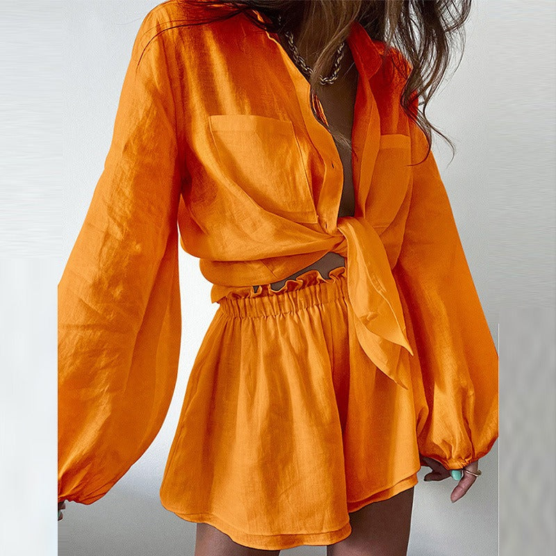 Women's Two-Piece Set – Airy Fit – Tie-Front Crop Shirt – Ruffle Shorts
