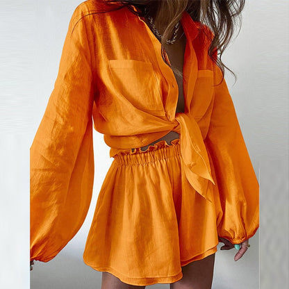 Women's Two-Piece Set – Airy Fit – Tie-Front Crop Shirt – Ruffle Shorts