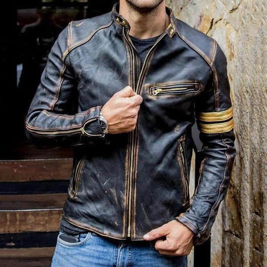 Men's Bomber Jacket – Slim Fit – Leather Look – Zipper Front and Arm Patch