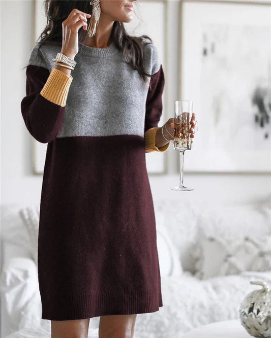 Women's Dress – Wool Blend – Relaxed Fit – Long Sleeves – Color Block Design