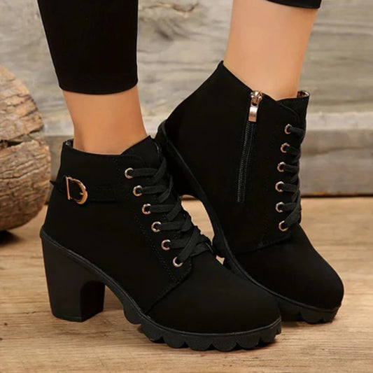 Women's ankle boots – chunky heel and sole – lacing, zipper, and buckle