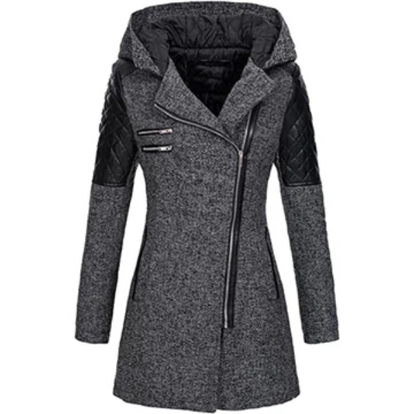 Women’s Winter Coat - Faux Leather - Tailored A-Line - Mid-Thigh Length - Hooded