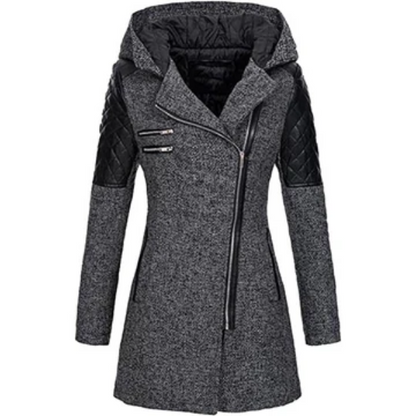 Women’s Winter Coat - Faux Leather - Tailored A-Line - Mid-Thigh Length - Hooded