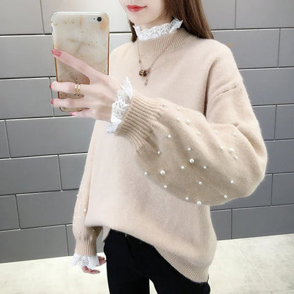 Women's Sweater Knitted – Wool Blend – Relaxed Fit – Pearl Details – Puffed Sleeves