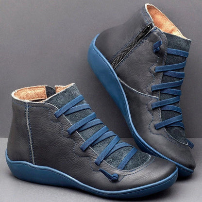 Women's Ankle Boots – Low Heel – Round Toe – Smooth Leather – Lacing and Zipper