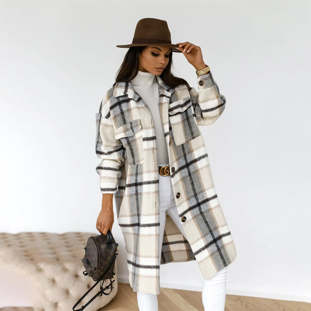 Women's Long Coat – Relaxed Fit – Check Pattern – Wool-Like Soft Fabric